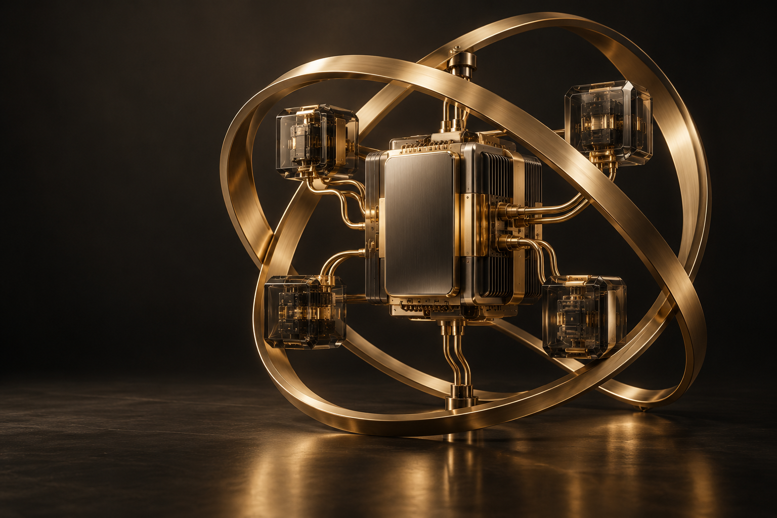 Ilustração de um núcleo de inteligência artificial dourado ligado a vários módulos de operação